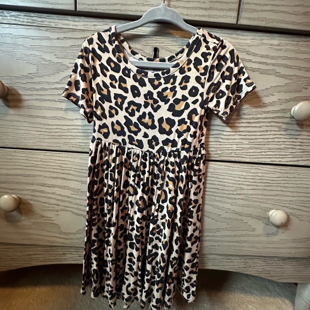 Posh Peanut Leopard Print Short Sleeve Girls' Dress - Tan and Black
